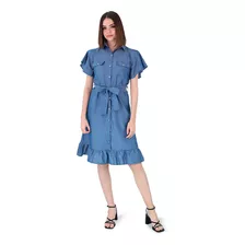 Vestido Tipo Mezclilla Manga Corta Con Cinturón Para Mujer 