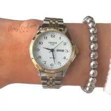 Reloj Tressa Dama Modelo Citi Acero Calendario Sumergible Color Del Fondo Blanco