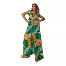 Vestido Regata Viscose Amarração Estampado Verde G