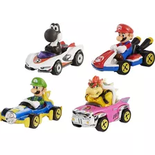 Hot Wheels Mario Kart Pack X4 Bowser, Mario, Luigi, Yoshi Color Rojo