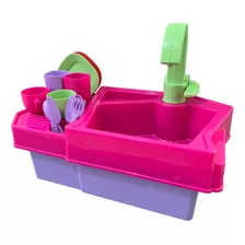 Kit Cozinha Infantil Rosa Com Pia Torneirinha Sai Agua 