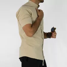 Camisa Masculina De Linho Manga Curta Areia