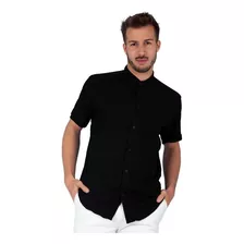 Camisa Manga Corta Lino Cuello Mao Art 2700 Blanco Y Negro