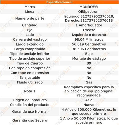 (1) Amortiguador Tra Oespectrum Gas Der O Izq Tc Scion 11/16 Foto 2