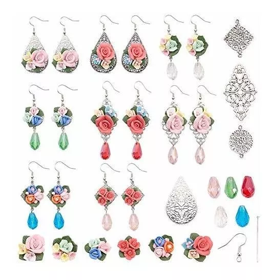 Sunnyclue Diy 8 Pairs Mixed Flower Cabochon Earring Jewelry