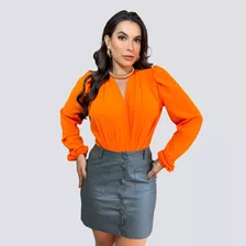 Blusa Feminina Body Transpassado Duna Manga Longa Bufante