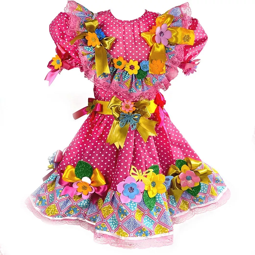 Vestido Caipira Festa Junina Infantil Menina Rosa Rodado    