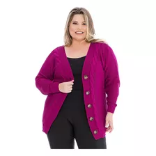 Casaco Tricô Plus Size Botões Trança Decote -022