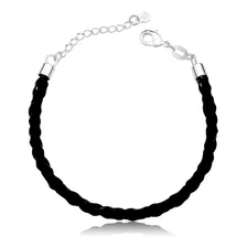 Pulseira De Couro Preto Trançado Com Ponteiras Prata