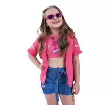 Conjunto Infantil Barbie Menina Festa Short Blusa 3 Peças 