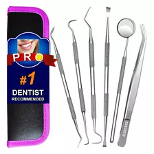 Kit Básico Dental En Acero X 6 Piezas + Estuche Negro/rosado