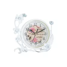 Reloj De Apoyo Metal Bco Flores Diam 12cm 17x16cm