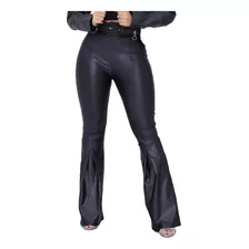 Calça Flare Couro Fake Cirre Feminina Com Cinto Boca Larga