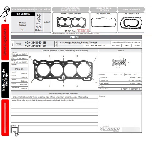Juego De Juntas Isuzu Pickup 4cil 2.3l 8 Valv 1986 A 1987 Foto 5