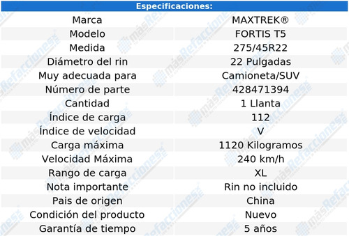 Llanta 275/45r22  112v Xl Maxtrek Fortis T5 Sin Rin Foto 2