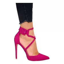 Sapato Scarpin Feminino Pink Preto Bico Fino Alto 