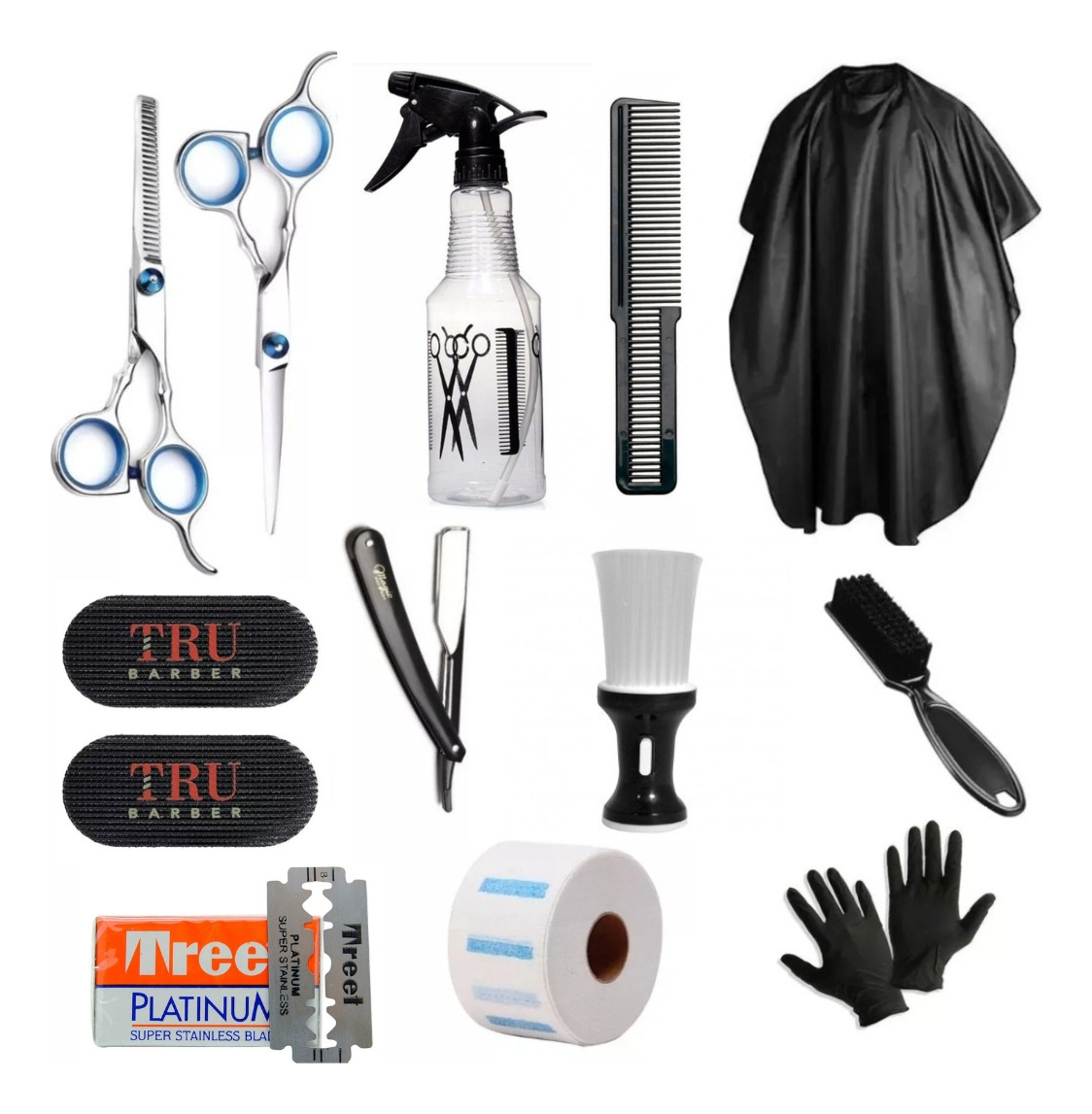 Kit Set Barberia Capa Tijeras Cepillo Navaja Peines Rociador