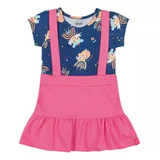 Vestido Jardineira Bebê Menina Rosa E Azul Cotton Elian
