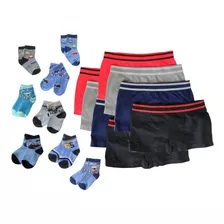 Kit 8 Cueca Box Boxer Infantil + 8 Pares De Meias Qualidade