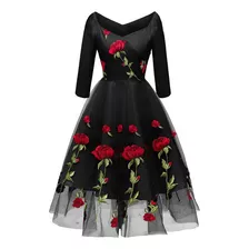 Vestido De Señoras De Rosa Bordado De Malla Negro