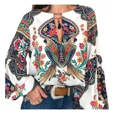 Printed Round Neck Puff Sleeve Shirt