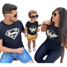 Kit Família Camiseta Super Homem Mulher Maravilha E Filha 
