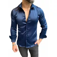 Camisa Masculina Manga Longa Acetinada Elastano Slin Zip Off