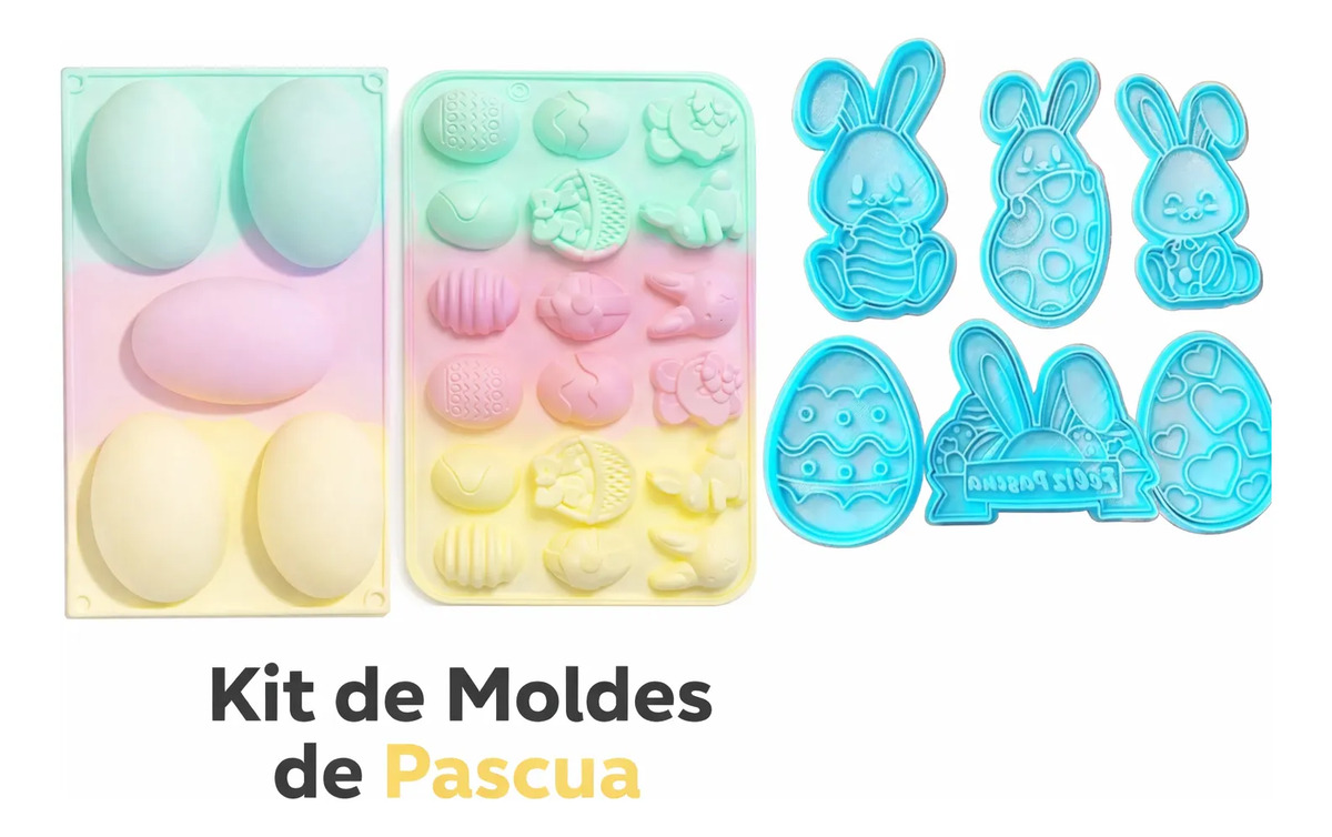 Kit Pascua: Cortante Con Sello Cookies Celeste + Molde Silicona Conejo Multicolor + Molde Huevos Multicolor