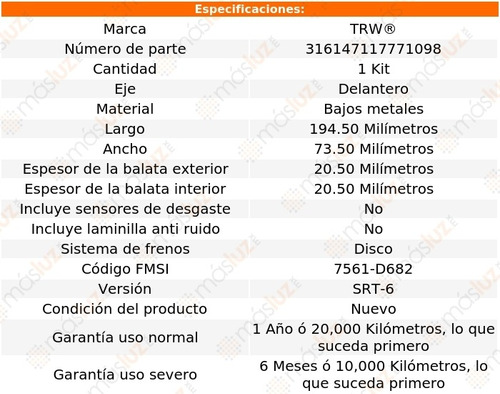 Balatas Bajos Metales Delanteras Chrysler Crossfire 05/06 Foto 2