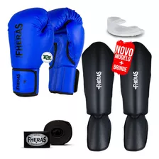 Kit Muay Thai Mma Luva Azul Bandagem Bucal Gladiadora 16oz