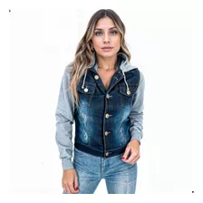 Jaqueta Jeans Moleton Com Manga E Capuz Blusa Feminina Top 