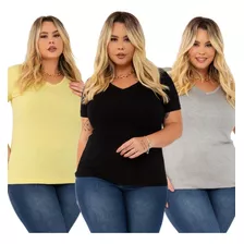 Kit 3 Blusa Camiseta Feminina Plus Size Gola V Viscolaycra