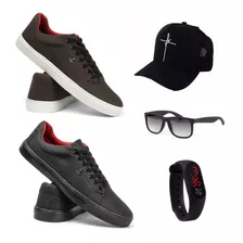 Tenis Casual Masculino Kit-2 Par +boné Fé +óculos +relógio