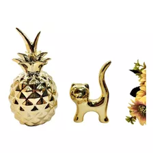 Kit Decorativo Abacaxi + Gatinho Cerâmica Cor Dourado