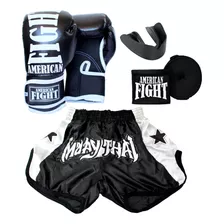 Kit Muay Thai Luva Band. Bucal Shorts American Fight - Preto