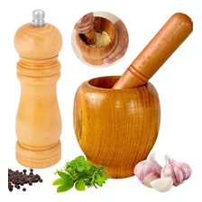 Kit Pilão Socador Em Bambu Alho Condimento + Moedor Pimenta