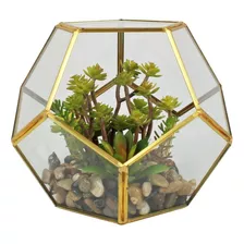 Terrário Decor C/ Plantas Artificiais Mod Dodecaedro Dourado