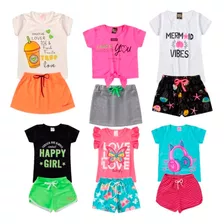 Kit 6 Peças 3 Conjuntos Infantil Roupa Menina Short Camiseta