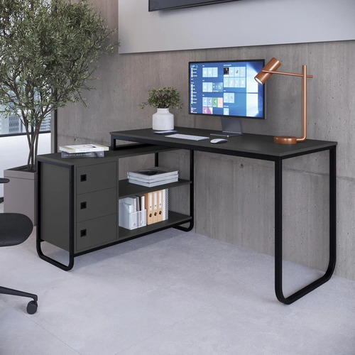 Escrivaninha De Canto Industrial 3 Gavetas 157cm Grafite/preto