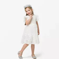 Vestido Infantil Prrincesa Manga Curta Em Renda Branco Festa