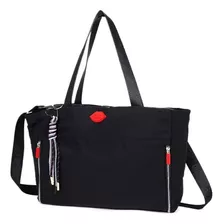 Cartera Tote Las Oreiro Bolsillo Interno Frontal + Llavero Color Negro Diseño De La Tela Liso