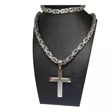 Crucifixo Grande +cordão +pulseira Bizantinos Aço Inox 90cm