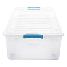 Caja Organizadora Multiusos Con Ruedas Bajo Cama 48 Lts Color Transparente Broches Azules