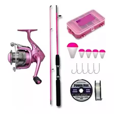 Kit Pesca Feminino Rosa Vara + Molinete + Boia Anzol Estojo