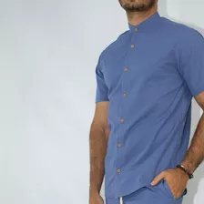 Camisa De Linho Manga Curta Masculina Azul