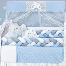 Kit Berço 2 Tranças Nuvem Azul Bebe Americano Naninha Brinde