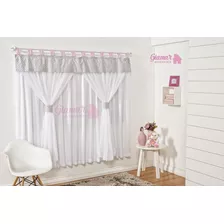 Cortina Chevron Quarto Infantil Bebê 2mts X 1,70mts Cor Branco C/ Detalhes Rosa