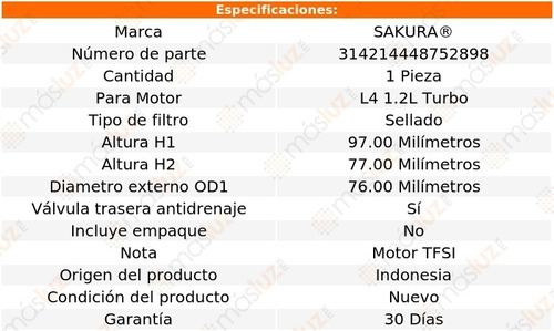 1) Filtro Aceite Audi A1 1.2l L4 10/13 Sakura Foto 2