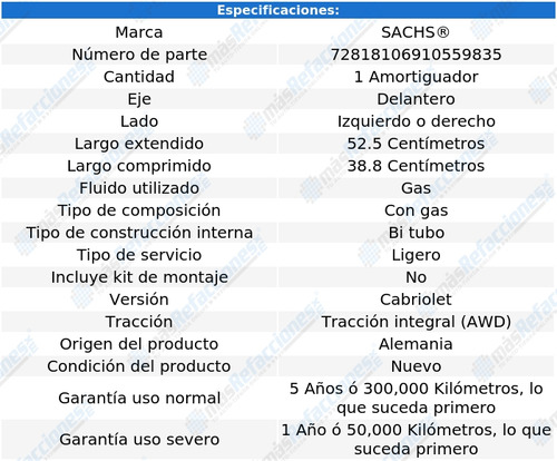 1 Amortiguador Gas Del Izq/der Audi S4 V8 4.2l 09 Sachs Foto 2