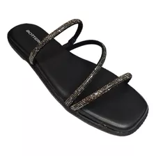 Chinelo Rasteirinha Couro Bottero Preto/pedra Brilho 358221